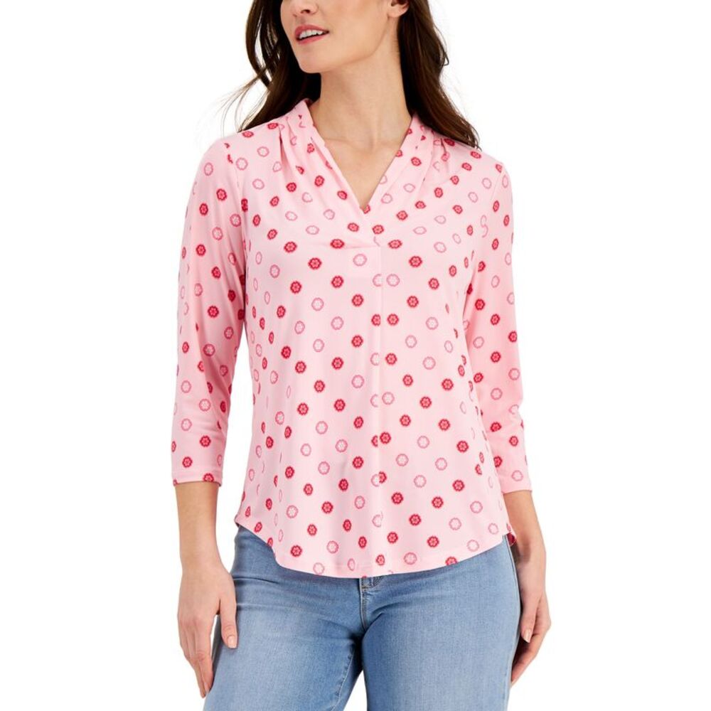 Charter Club Pleated Neck 3/4 Sleeve Top